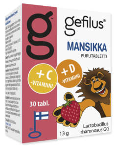 LGG Gefilus maitohappobakteeri Gefilus Purutabletit + D Mansikka pakkaus
